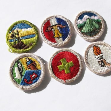 Vintage 1970s Boy Scout BSA Embroidered Patch Lot of 6 Small Round - Cross Camping Torch - Wes Anderson 