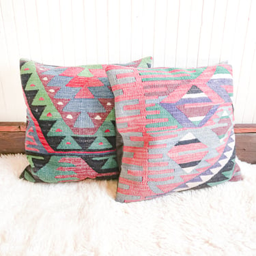 Kilim Fabric Cushion, Kilim Pillow  with Faux Leather Back, Kilim Pillow 18x18 - Sold Individually 