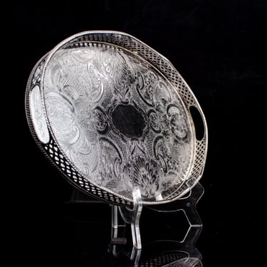 Vintage Silver Plate Oval Tray with Pierced Gallery and Engraved Design | Made in England | 17 inches 