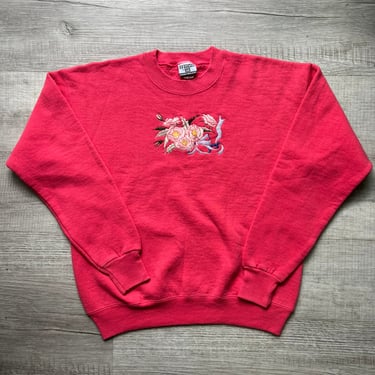 90s Vintage Pink Flower Embroidered Graphic Crewneck Sweater