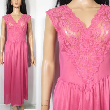 Vintage 80s Bright Hot Pink Negligee Peignoir Nightgown Size S/M 