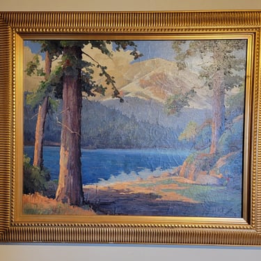 Mid-Century Modern California Landscape Painting Redwoods & Lake by Luther Evans De Joiner 