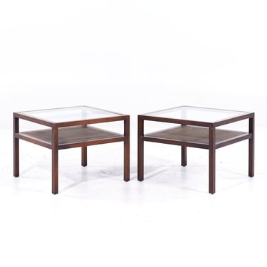 Founders Style Mid Century Oak, Cane and Glass End Tables - Pair - mcm 