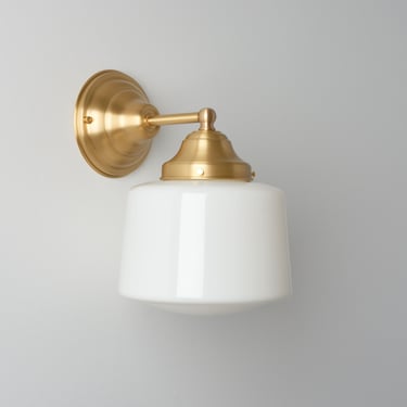 SchoolHouse Wall Sconce - White Glass Drum Fixture - Brass Lighting 