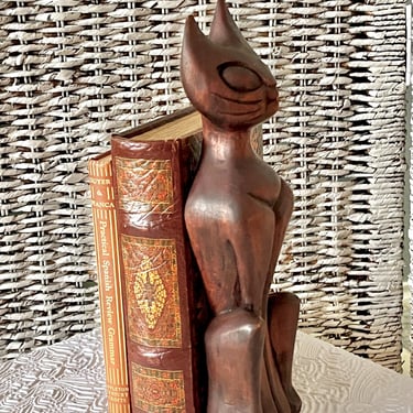 Hand Carved Cat, Solid Wood, Dark Finish, All Wood, OOAK Artistic, Egyptian Revival, Vintage Hand Crafted, Sustainable Home Decor 