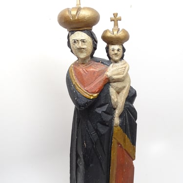 Antique Madonna & Infant Jesus Of Pribram, Vintage Hand Carved Polychrome Religious Church Folk Art Statue 