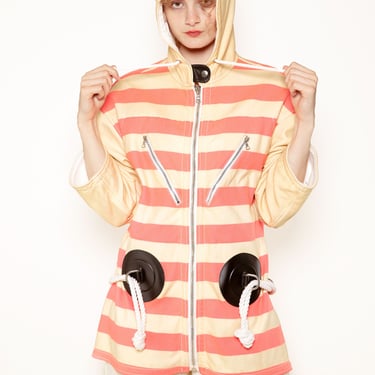 Courreges Pink/White Stripe Leather Nautical Coat 