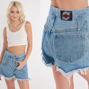 90s Denim Cutoffs Blue Jean Cut Off Shorts Ultra High Waisted Rise Boho Summer Festival Frayed Vintage 1990s Authentic Jeanswear Small S 27 