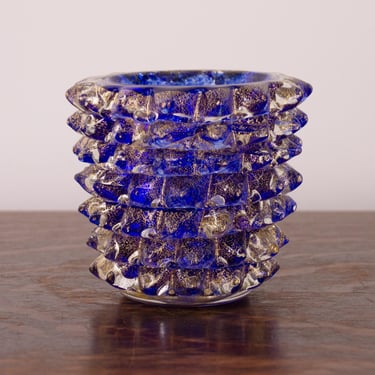 Luxury Gift idea from Italy: small blue and gold Murano glass vase Rostrato, artistic workmanship handmade Made in Italy height 12 cm 