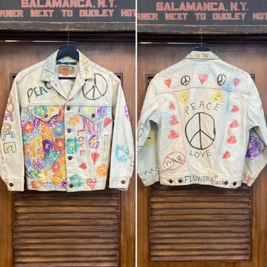 Vintage 1980’s Hippie Peace Love Pop Art Levi’s Artwork Denim Trucker Jacket, Flower Power, 80’s Vintage Clothing 