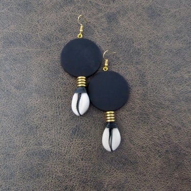 Large black and gold cowrie shell earrings 