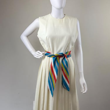 1960s Sleeveless White Dress with Tie Belt 