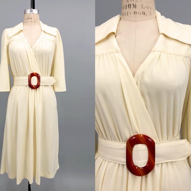 1970s Butter Yellow Dress with Matching Belt, 70s Polyester Dress, Vintage Everyday Wear, Vintage Midi Dress, Size Medium Bust 38
