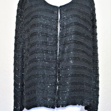 Vintage 1980s Laurence Kazar Evening Jacket, Evening Wear Women, Black Beaded Silk Cocktail Jacket, Size 3X 