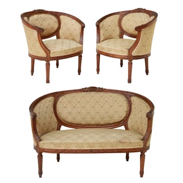 Antique Settee Set with 2 Bergeres, French Louis XVI Style Upholstered, 20th C.!