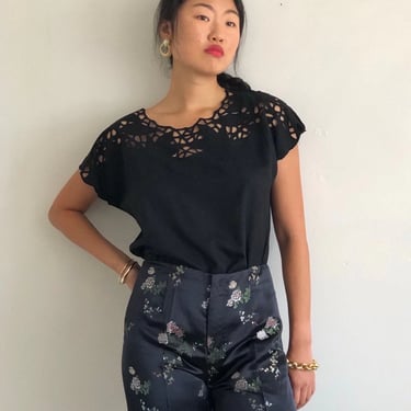 90s eyelet balinese lace blouse / vintage black cap sleeve embroidered lace box tee blouse | Large 