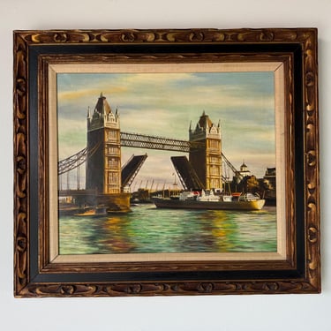 1970's Vintage London  Tower Bridge  Oil On Canvas Painting, Signed 