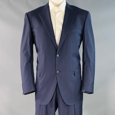 CANALI Size 48 Regular Navy Blue Pinstripe Virgin Wool Notch Lapel Suit