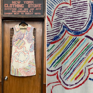 Vintage 1960s Crayon Style Artwork Printed Mod Linen Dress, Vintage Linen Dress, Mod Dress, Crayon Cartoon, 1960’s, Rainbow Clouds 
