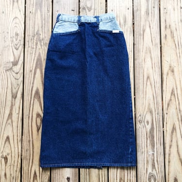 Vintage 70s Touche High Waisted Heavy Jean Dark Blue Two Tone Denim Tea Length Skirt XS 