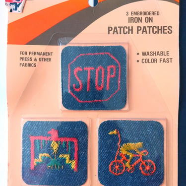 Cute Vintage 70s 80s Jean Iron-on Transfer Patches with Bike, Southwestern Bird, and Stop Sign 
