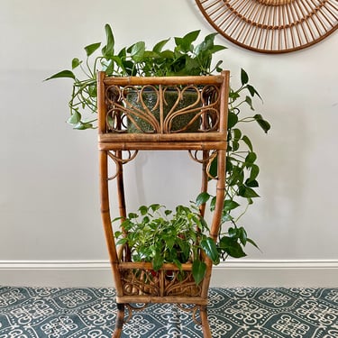 Vintage Tall Tortoiseshell Bamboo Plant Stand - Two Tiered 