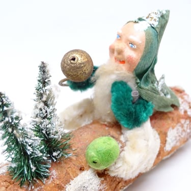 Vintage German Santa on Log with Faux Christmas Trees, Hand Painted Face 
