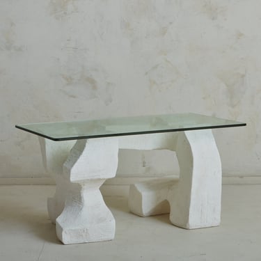 Brutalist Plaster Base Coffee Table with Glass Top, France 20th Century