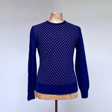 Vintage 1970s Bill Blass Sweater, Navy Blue Geometric Pattern Slim Fit Pullover, Medium 40