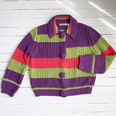 striped sweater 90s y2k vintage Ann Trinity lime green purple orange colorful cardigan 