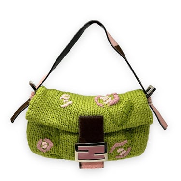 Fendi Green Knit Floral Baguette Bag