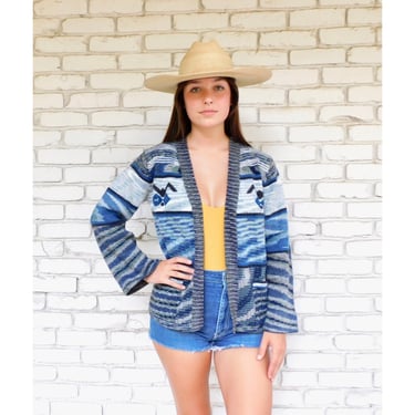 Echo Park Cardigan Sweater // vintage 70s knit hippie dress blouse hippy 1970s tunic space dye blue // O/S 