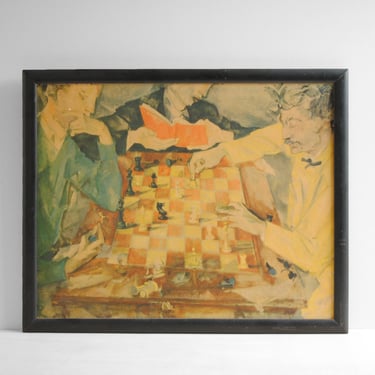Vintage Framed Print of Maximillian Mopp's "Chess with Emmanuel Lasker", Chess Game Art 
