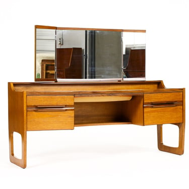 Danish Modern / Mid Century Low Teak Vanity / Dressing Table — Meredew — Adjustable Mirror  