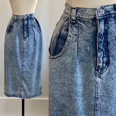 Vintage 80's DENIM Body Con Skirt / Trouser Style + Snap Back Vent + No Back Pockets 