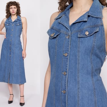 90s Denim Button Front Midi Dress - Large | Vintage A Line Sleeveless Blue Jean Grunge Dress 