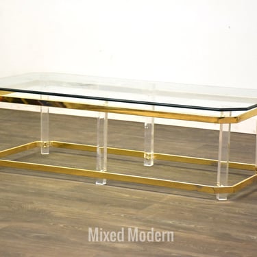 Brass Lucite and Glass Coffee Table 
