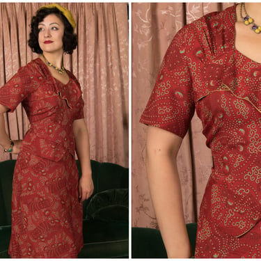 1940s Dress -  Gorgeous Vintage 40s Cold Rayon Day Dress in Red with Jewelry Treasure Print 