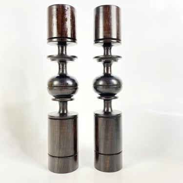Pair Vintage Modern Hand Turned Wooden Candlestick Holders 8.5” Tall