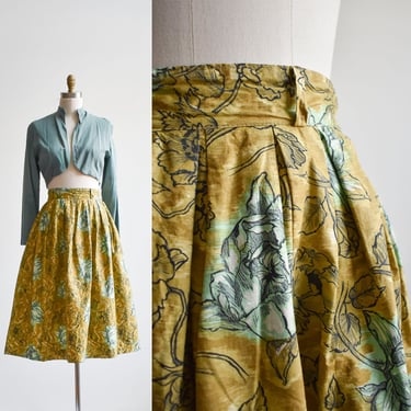 1950s Green Floral Cotton Skirt 