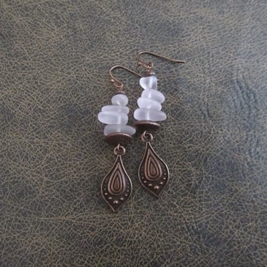 Frosted sea glass earrings, pink earrings, copper earrings, unique artisan earrings, beach earrings, summer earrings, boho bohemian 