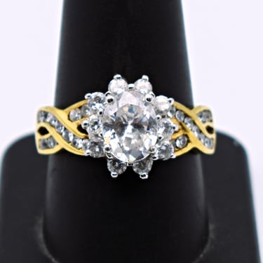 80's rock crystal sterling vermeil size 10 cocktail, floral HC 925 silver clear quartz bling ring 