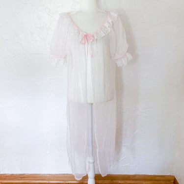 80s Sheer White Lace Nightgown Nightie with Balloon Sleeves and Pink Ribbon | Medium 