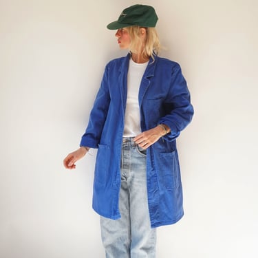 Vintage Blue Chore Duster Shop Work Coat | Utility Blue Cotton Chore Smock Jacket | Painter Shop Coat Trench 