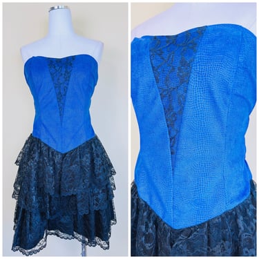 1980s Vintage Isadora Blue Faux Suede Strapless Dress / 80s Animal Print Black Lace Tiered Cupcake Part Dress / Medium 