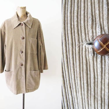 Vintage 90s Corduroy Chore Coat S - 1990s Tan Brown Cord Barn  - Earth Tone Minimalist Style 