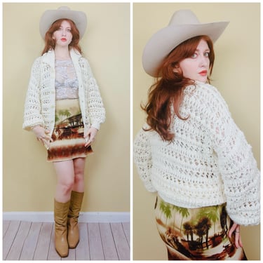 1980s Vintage Open Crochet Balloon Sleeve Cardigan / 80s Acrylic Homemade Peekaboo Sweater / Large 