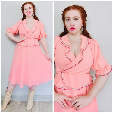 1980s Vintage A.J. Bari Peach Poly Chiffon Set / 80s Puffed Sleeve Ruffled Peplum Blouse and Skirt / Size Small - Medium 