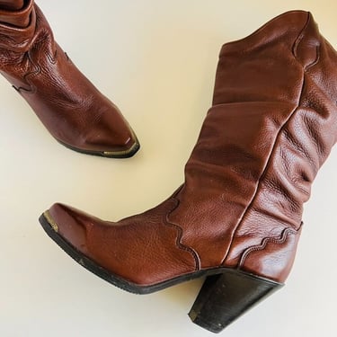 Vintage 90s Brown Genuine Leather Brass Tips Mid Calf Western Boots 7.5 
