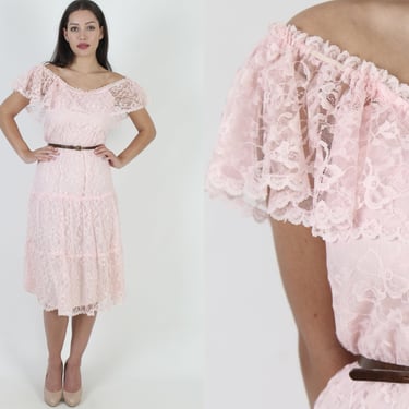 All Over Blush Lace Midi Dress / Vintage Sheer Floral Off Shoulder Dress / 1970s Tiered Prairie Romantic Dress 